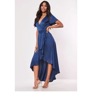 Navy Satin High Low Wrap Midi Dress